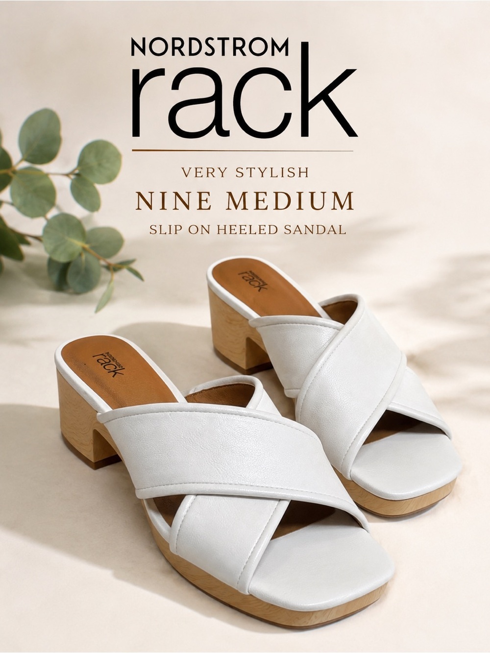 Nordstrom Rack White Heeled Slide Sandals Size 9M Faux Wood Block Heel
